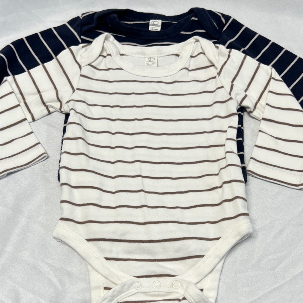 Colored Organics Blue White Tan Long Sleeve 2 Onesies Bundle Size 12-18 months